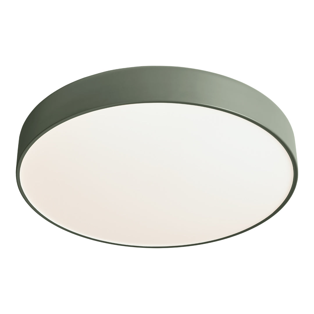 Round ceiling light with a soft white finish and a muted green trim, featuring a sleek, modern design.