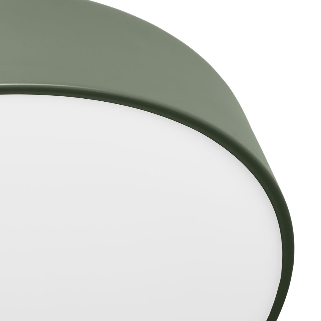 Rounded ceiling lamp with a matte olive green edge and a smooth white diffuser. Stylish and modern design.
