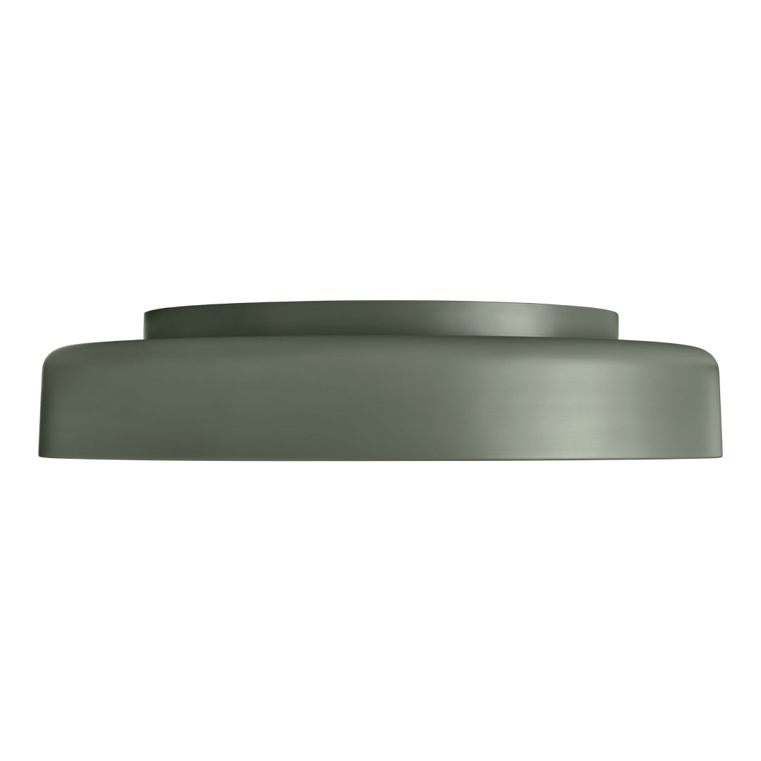 Olive green, round, matte finish serving platter with smooth edges and modern design. Perfect for elegant dining.