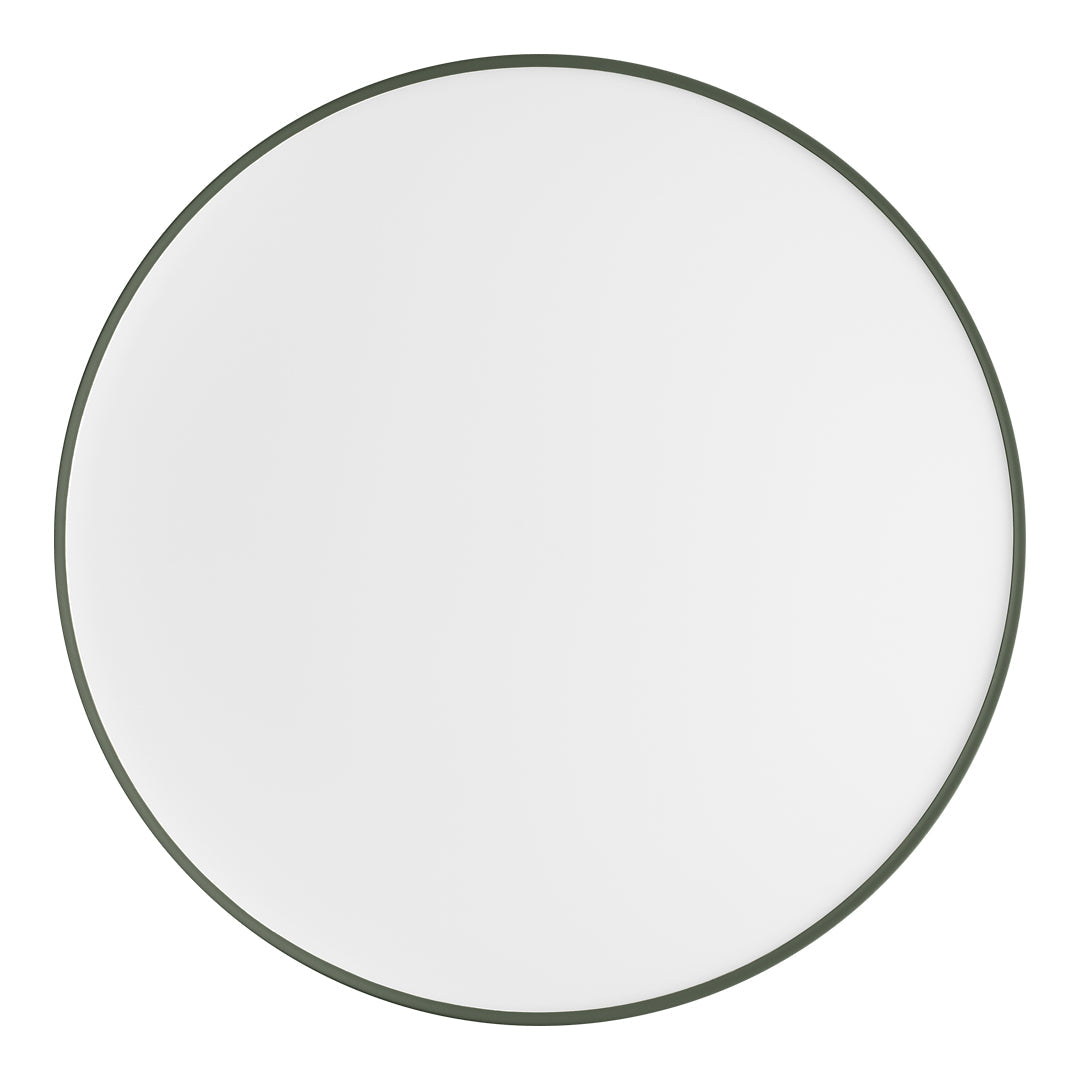 Round white plate with a subtle green rim, featuring a smooth, minimalistic design. Perfect for modern dining.