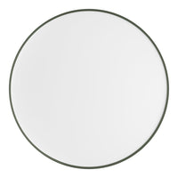 Round white plate with a subtle green rim, featuring a smooth, minimalistic design. Perfect for modern dining.