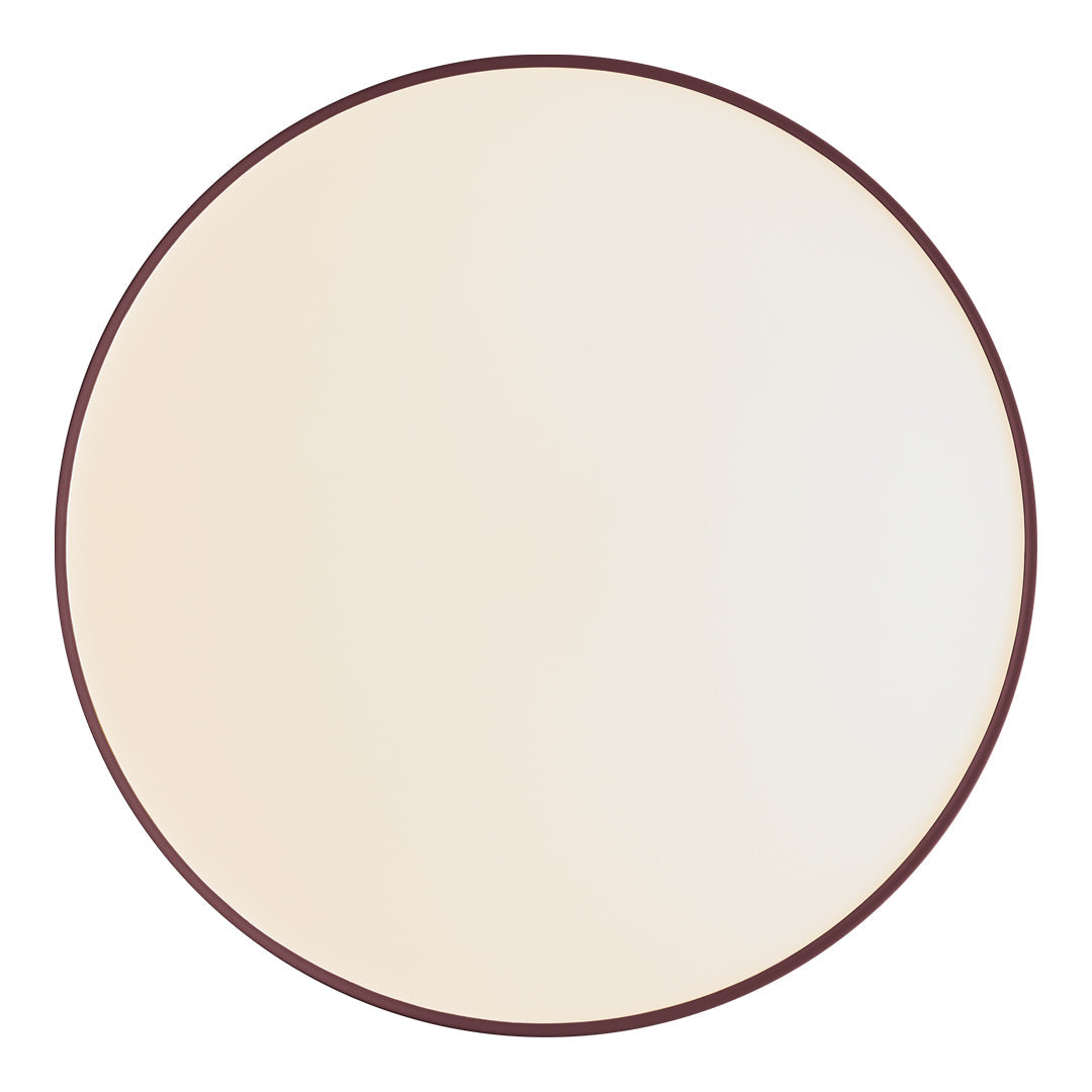 Beige circular mirror with a thin burgundy rim, showcasing a smooth, minimalist design.