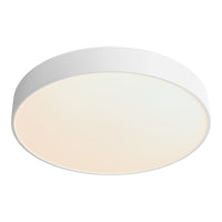 White circular flush mount ceiling light with a soft, gradient glow pattern. Ideal for modern decor.