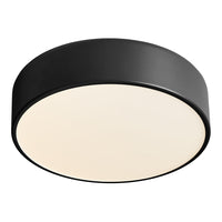 Black round ceiling light fixture with a smooth white diffuser for soft, even illumination. Ideal for modern decor.