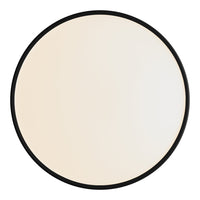 Round mirror featuring a soft beige hue with a sleek black frame. Minimalist design for modern decor.