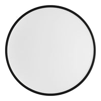 Round mirror with a sleek black frame and a smooth, reflective white surface. Minimalist design for modern decor.