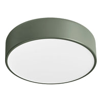 Round ceiling light with a muted green metal finish and a white diffuser, perfect for modern interiors.