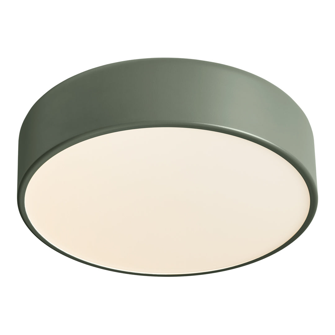 Round ceiling lamp in matte olive green with a soft white glass diffuser, featuring a sleek minimalist design.