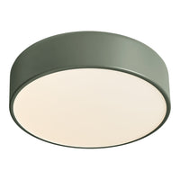 Round ceiling lamp in matte olive green with a soft white glass diffuser, featuring a sleek minimalist design.