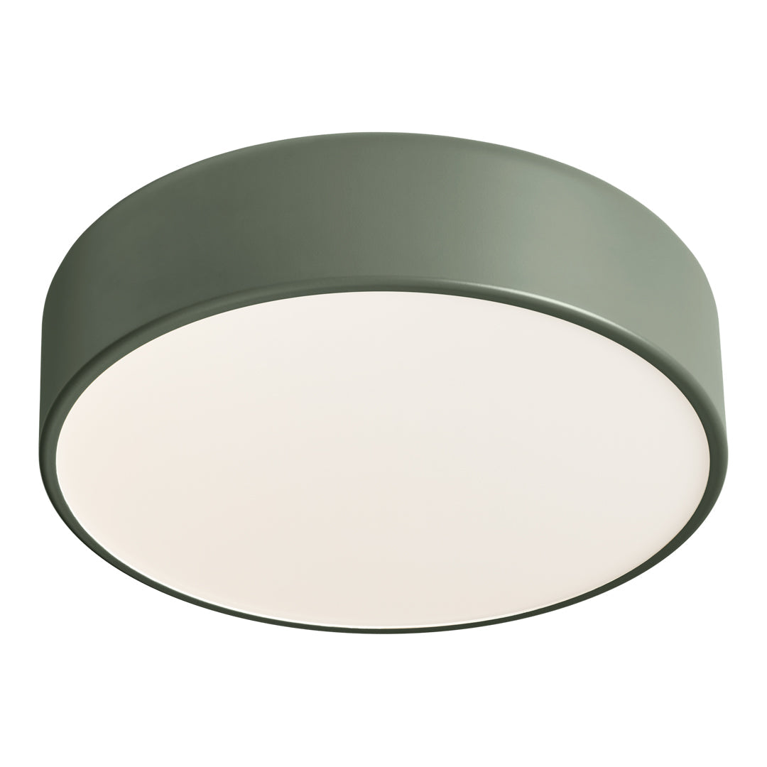 Round, matte olive green ceiling light with a smooth white diffuser for soft illumination.