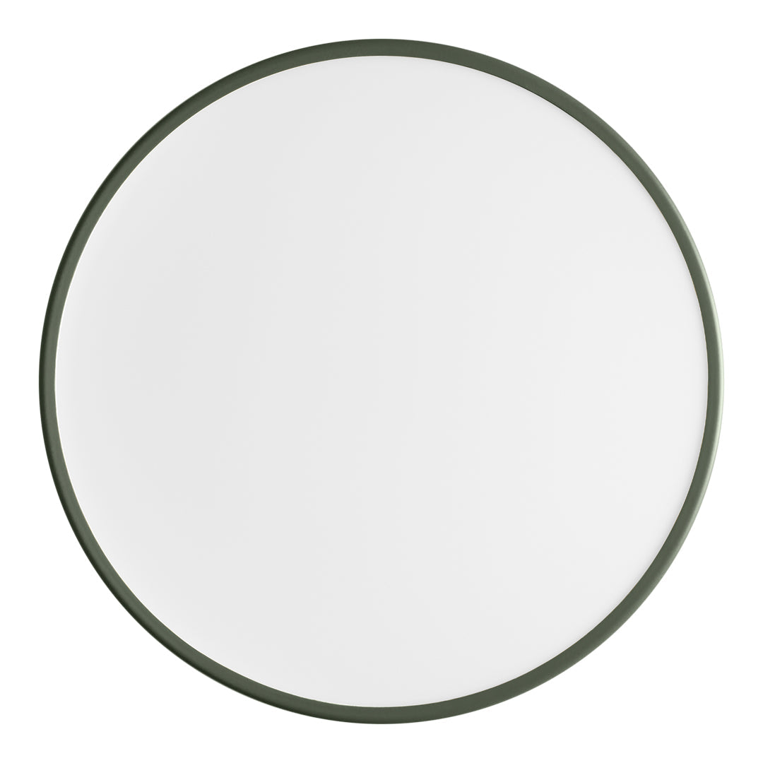 Round mirror with a sleek white surface and a dark green circular frame, adding a modern touch to any decor.