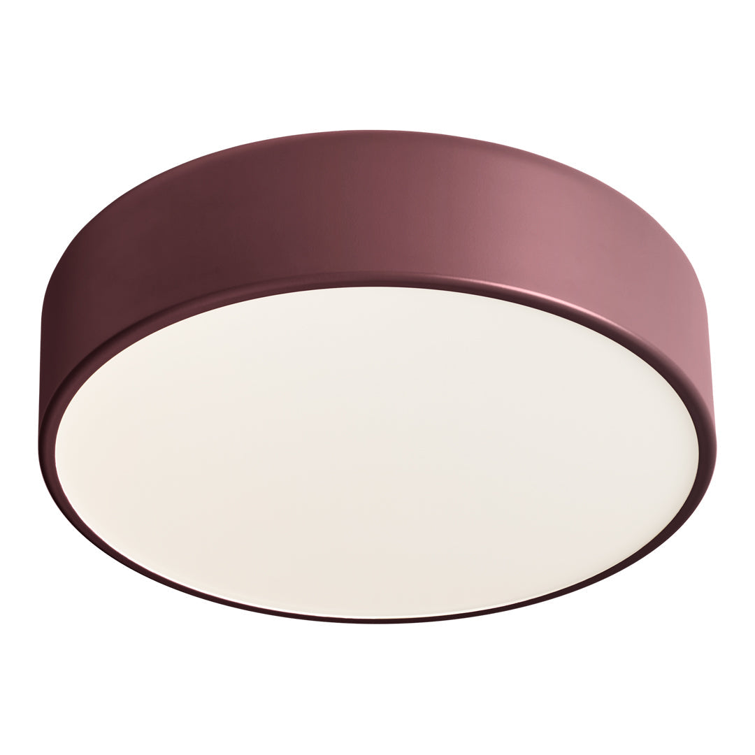 Round ceiling light in deep burgundy with a smooth white diffuser, adding a modern touch to any space.