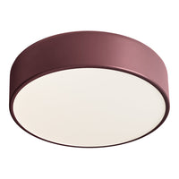 Round ceiling light in deep burgundy with a smooth white diffuser, adding a modern touch to any space.