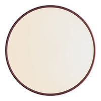 Round wall mirror with a smooth, cream surface and a deep maroon frame, offering a modern, minimalist aesthetic.