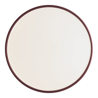 Round mirror with a sleek, white reflective surface and a deep burgundy border. Ideal for modern decor.