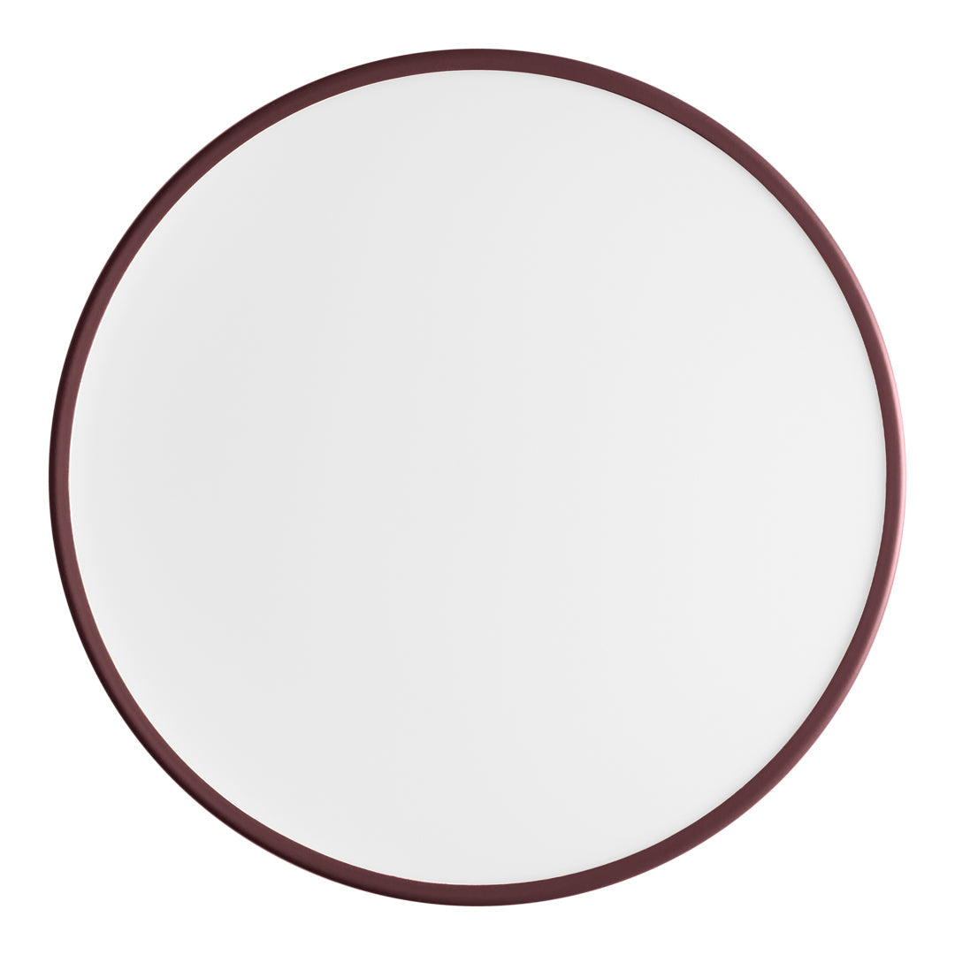 Round mirror with a sleek white surface and a rich burgundy frame, featuring a minimalist design.