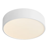 Sleek round ceiling light in smooth white finish with soft, warm glow panel. Perfect for modern decor.
