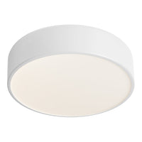 White circular ceiling light fixture with a smooth matte finish and a frosted light diffuser. Sleek and modern design.