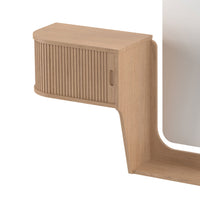 Light wood finish with ribbed drawer detailing in a minimalist design. Soft, natural tones complement modern decor.