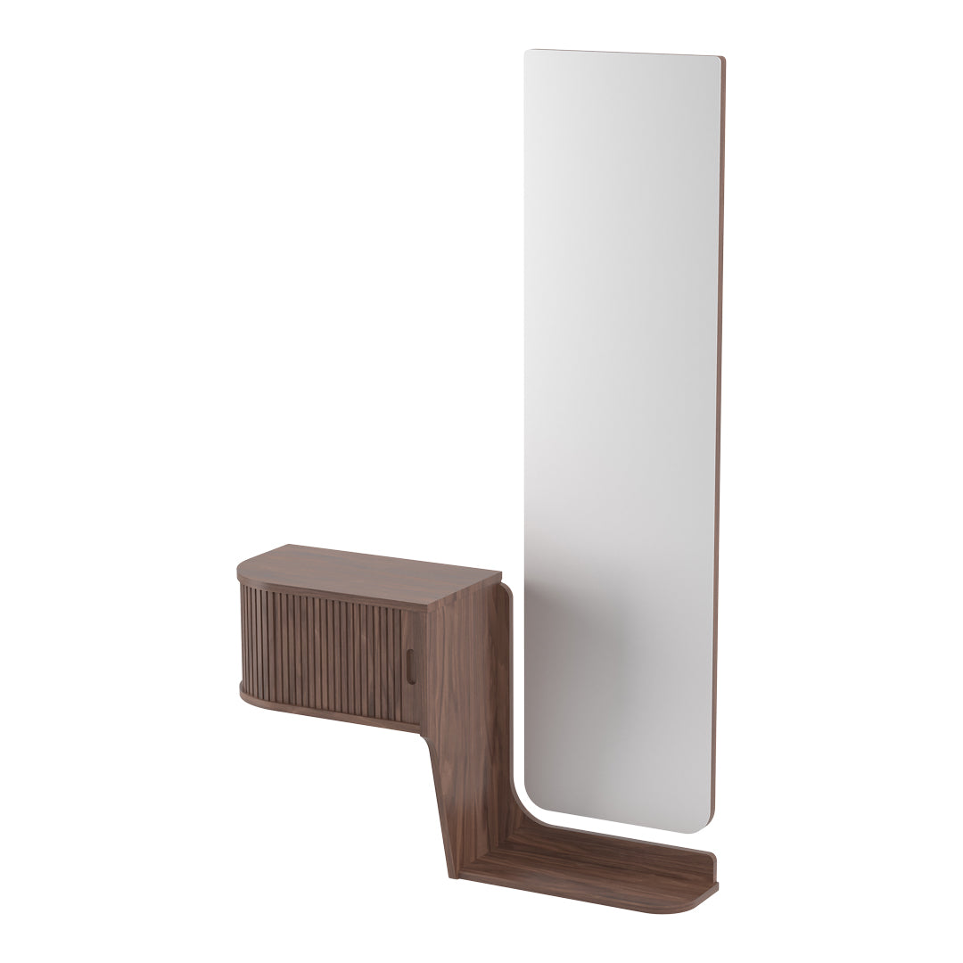 Modern wood and white mirror design featuring a sleek, minimalist style with smooth, clean lines.