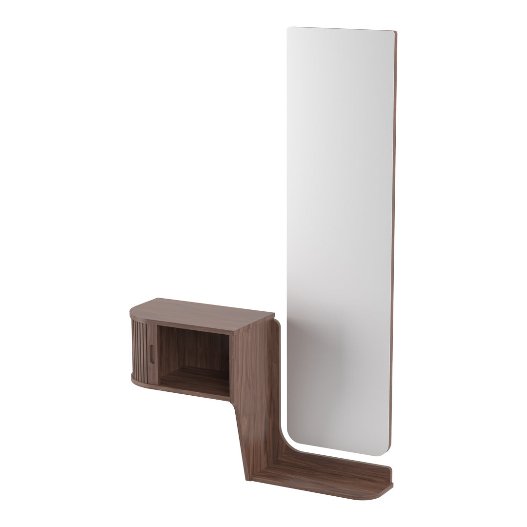 Wooden brown finish with a sleek white panel. Modern, minimalist design with smooth surfaces and clean lines.