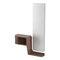 Wooden brown finish with a sleek white panel. Modern, minimalist design with smooth surfaces and clean lines.