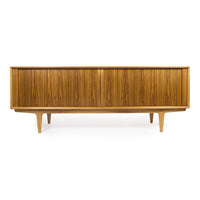Mid-century modern wooden sideboard in warm brown finish with a smooth, sleek design and minimalist lines.
