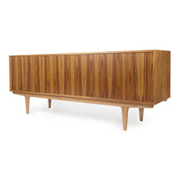 Mid-century modern wood sideboard with rich, warm walnut finish and vertical grain pattern. Sleek, tapered legs.