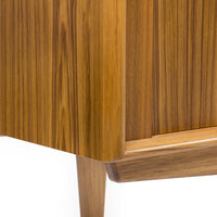 Warm walnut wood finish with rich, vertical grain pattern; sleek, modern design and tapered legs.
