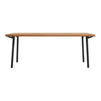 "Natural wood table with a light oak finish and sleek black metal legs, featuring a minimalist design."