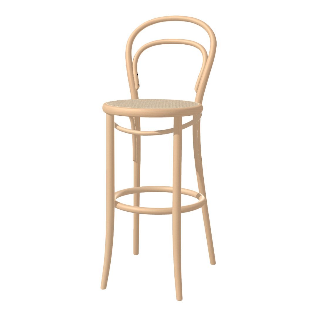 Natural wood bar stool with a minimalist design, featuring smooth curves and a light, neutral finish.