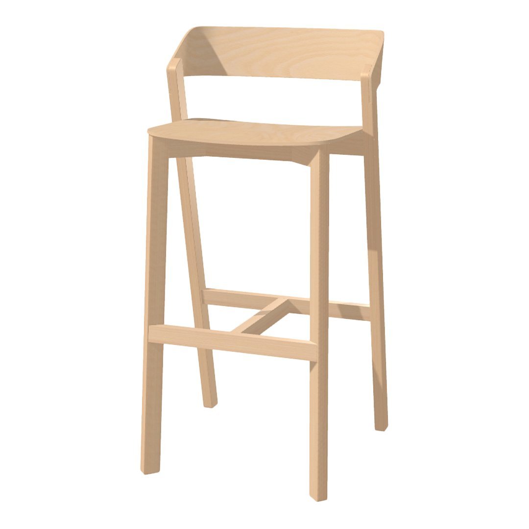 Light wood bar stool with a minimalist design and natural finish, featuring clean lines and a simple backrest.