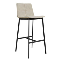 Beige upholstered bar stool with a textured pattern and sleek black metal legs, perfect for modern decor.