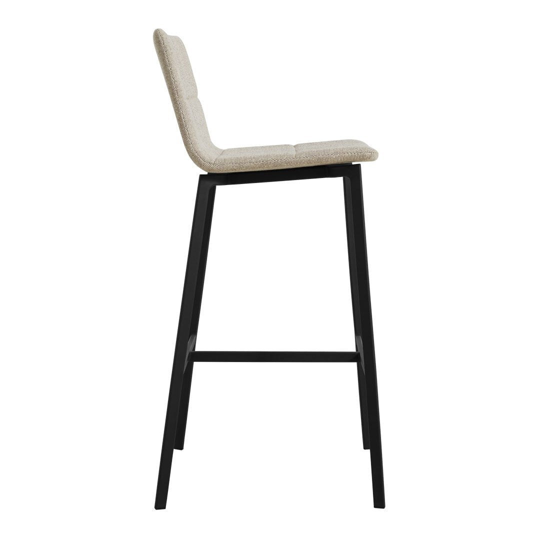 Beige upholstered bar stool with a sleek black frame, showcasing a minimalist design and modern style.