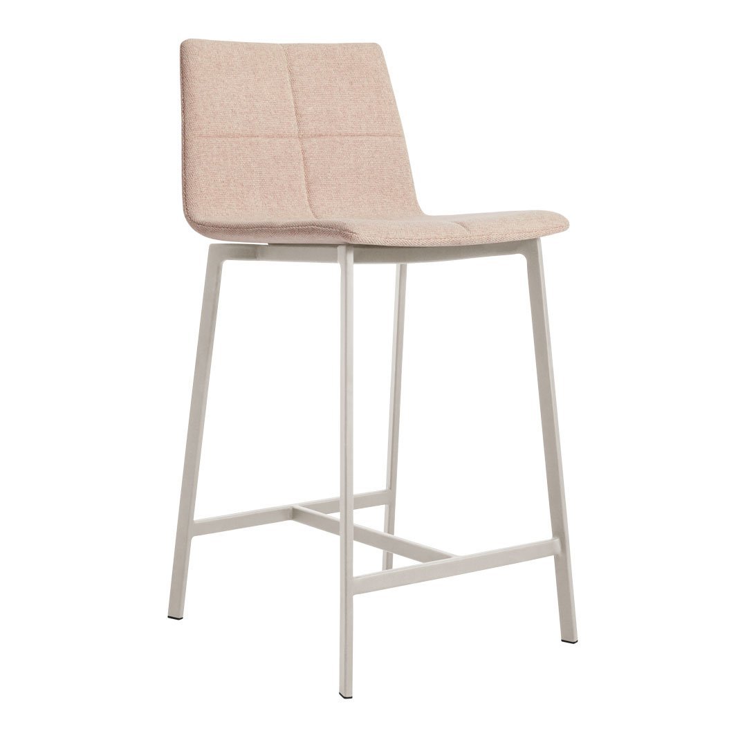 Light pink upholstered bar stool with a modern geometric pattern and a sleek white metal frame.