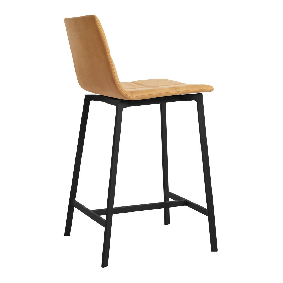 Tan upholstered bar stool with a sleek black metal frame, featuring a smooth, minimalist design.