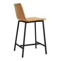 Tan upholstered bar stool with a sleek black metal frame, featuring a smooth, minimalist design.