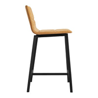 Tan upholstered bar stool with a sleek black wooden frame, featuring a minimalist design.