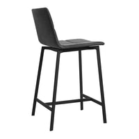 Sleek black bar stool with a quilted gray seat and minimalist black metal frame. Ideal for modern decor.