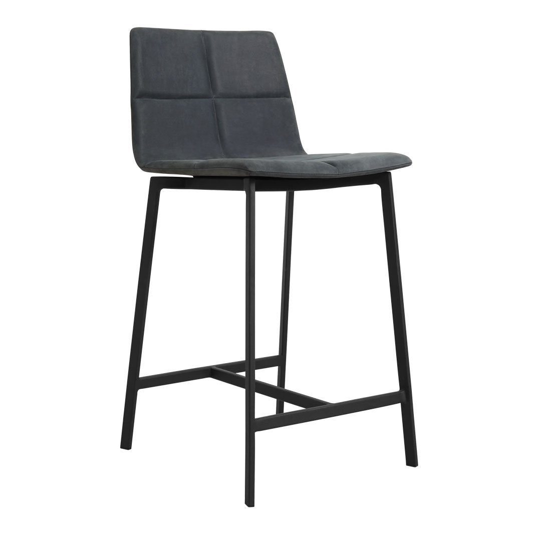 Stylish bar stool in textured black with a modern grid pattern on the seat and a sleek black metal frame.