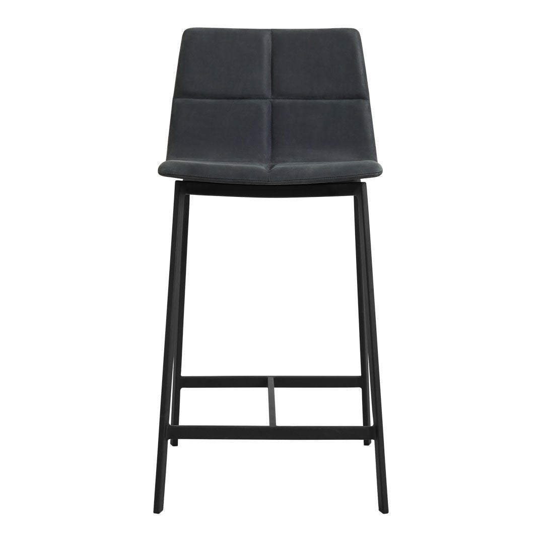 Stylish gray upholstered barstool with a quilted pattern and sleek black metal legs. Ideal for modern decor.