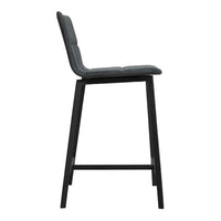 Modern gray upholstered barstool with a sleek black wooden frame and subtle tufted pattern.