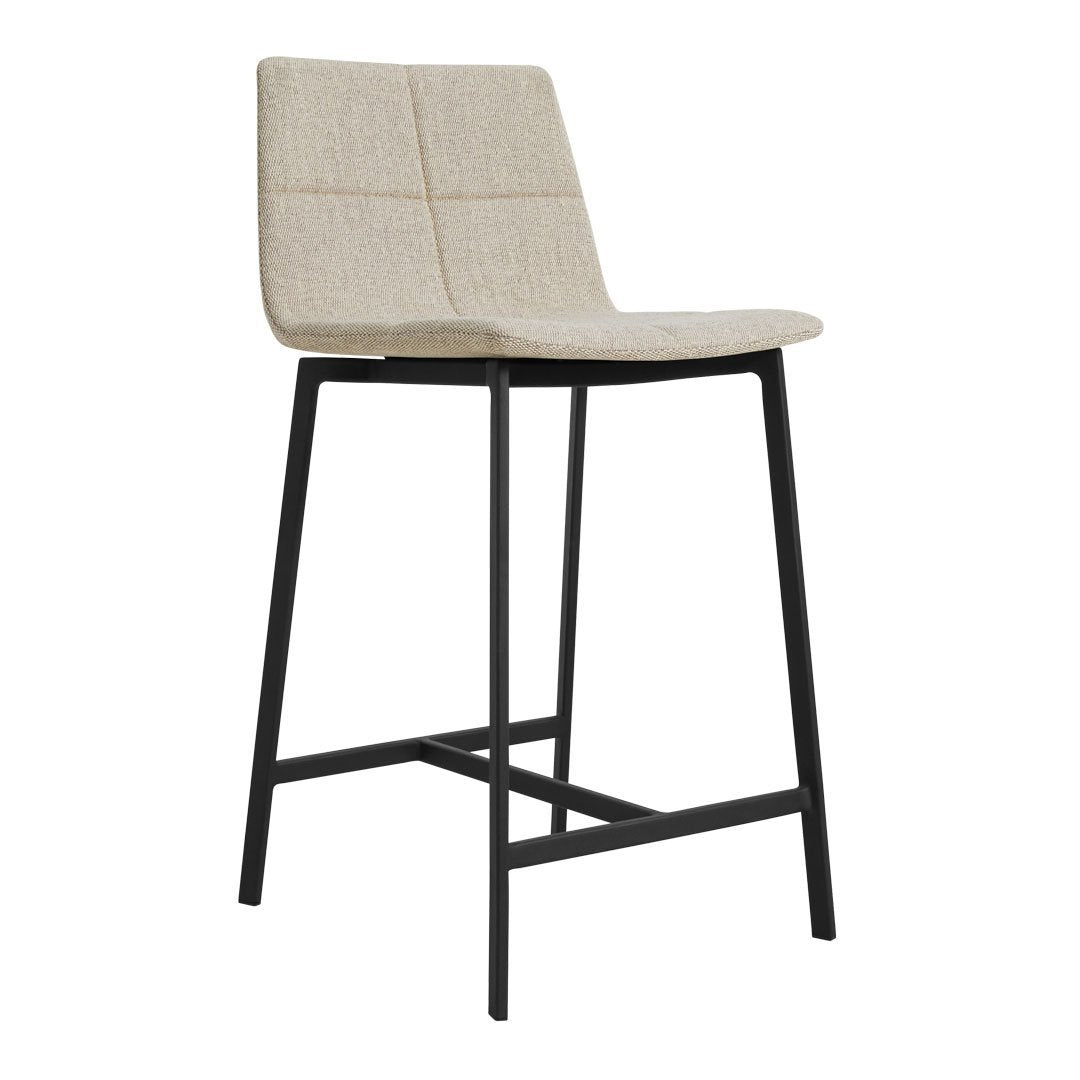 Light beige upholstered bar stool with a simple grid pattern and black metal frame. Modern design for any space.