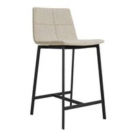 Light beige upholstered bar stool with a simple grid pattern and black metal frame. Modern design for any space.