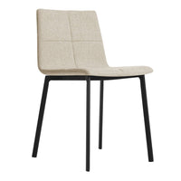Beige upholstered chair with a textured surface and grid pattern, featuring sleek black metal legs.