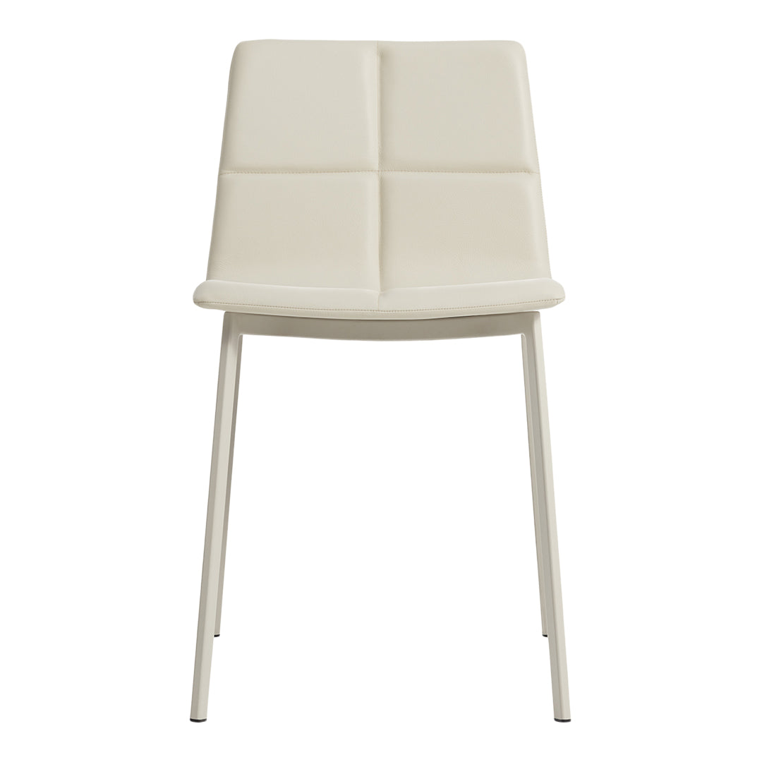 Cream-colored chair with a modern, quilted pattern and sleek metal legs. Ideal for contemporary interiors.
