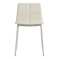 Cream-colored chair with a modern, quilted pattern and sleek metal legs. Ideal for contemporary interiors.