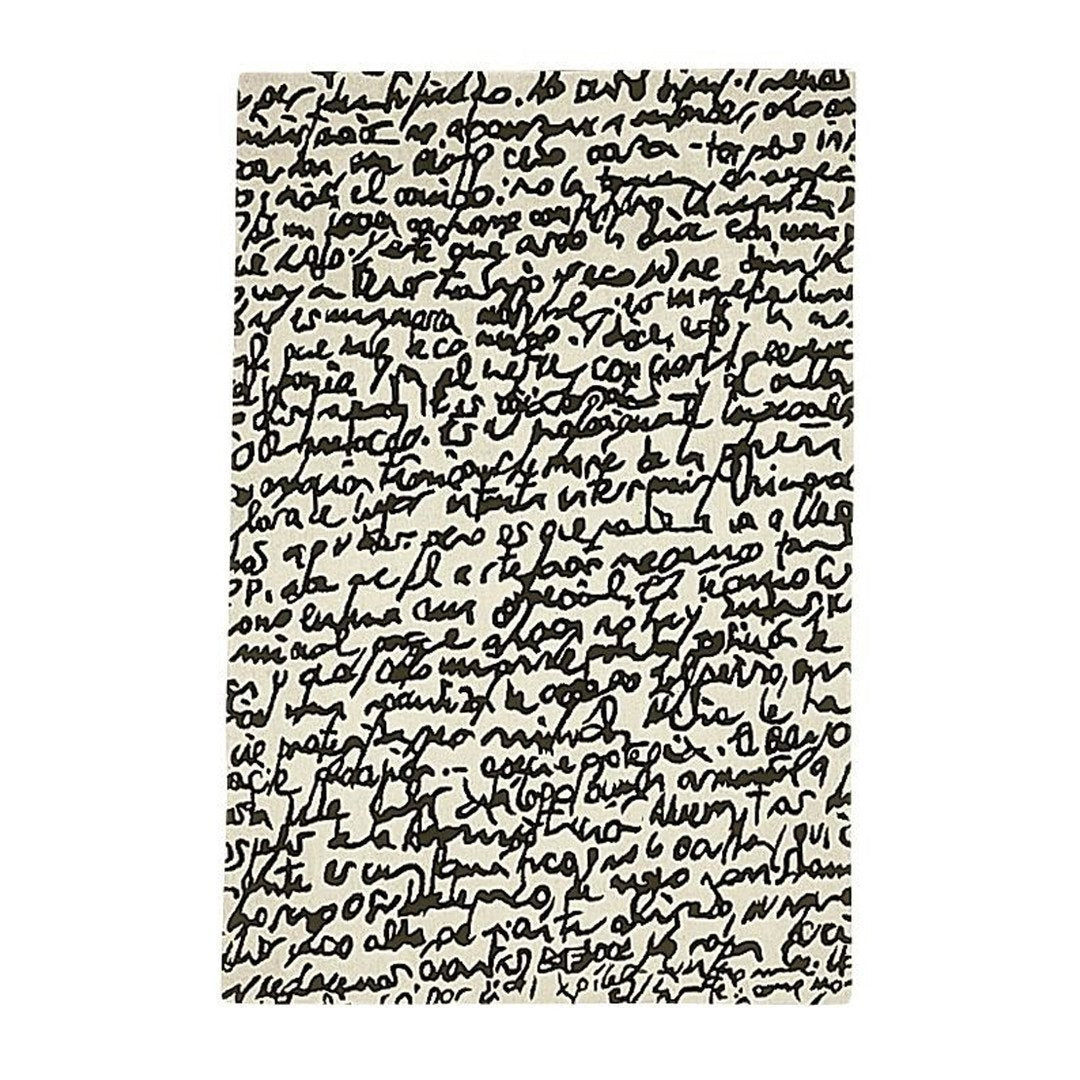 Black handwritten script pattern on a cream background, creating a vintage and artistic look.