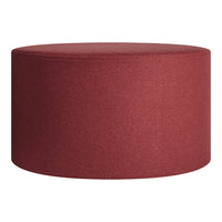 Round ottoman in deep burgundy fabric, featuring a seamless, solid pattern for a modern, minimalist look.