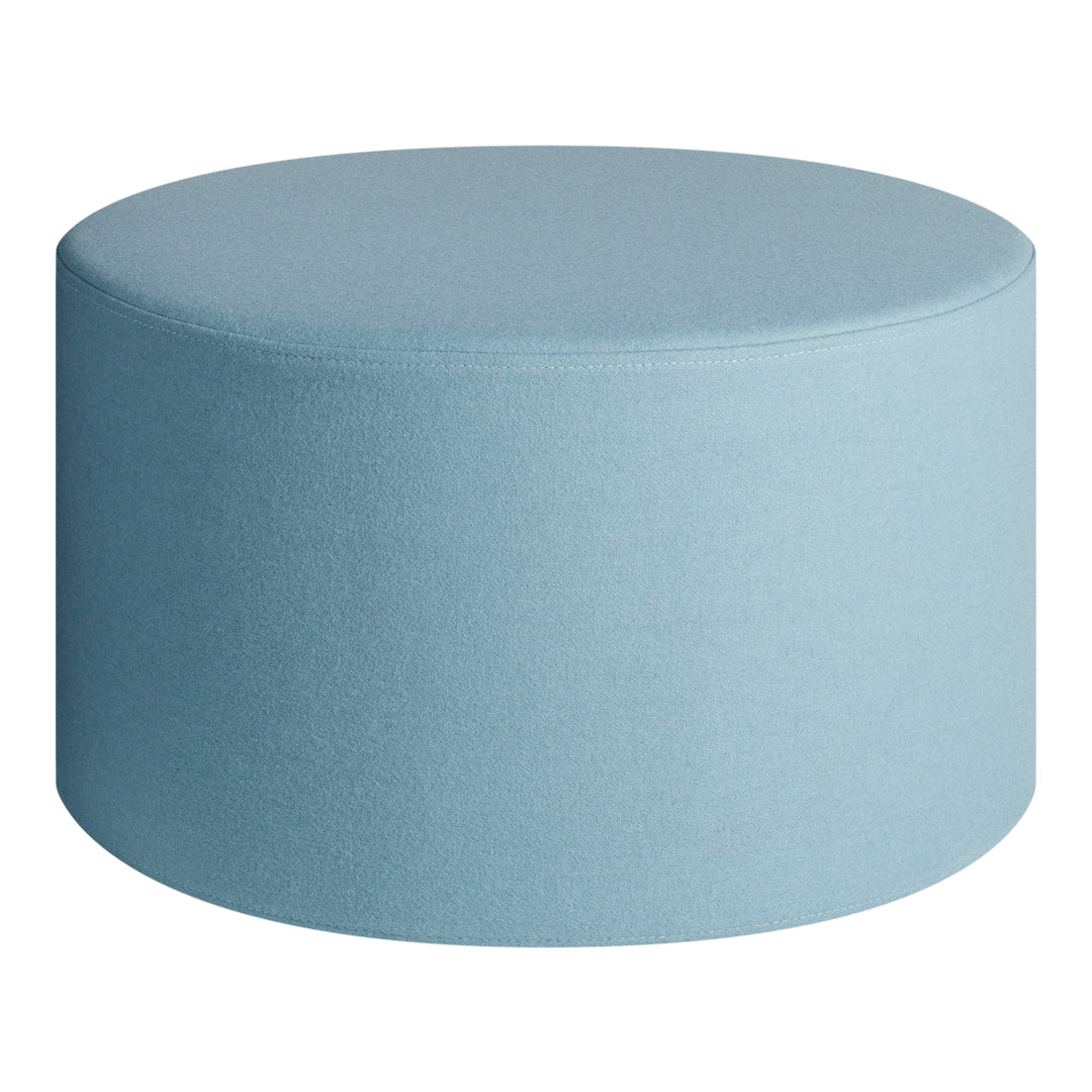 Round ottoman in soft light blue fabric, featuring a smooth, seamless design with no visible patterns.